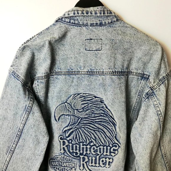 90s Vintage Harley Davidson Motorcycles Adult Extra Large Blue Denim Jacket XL - Picture 6 of 16